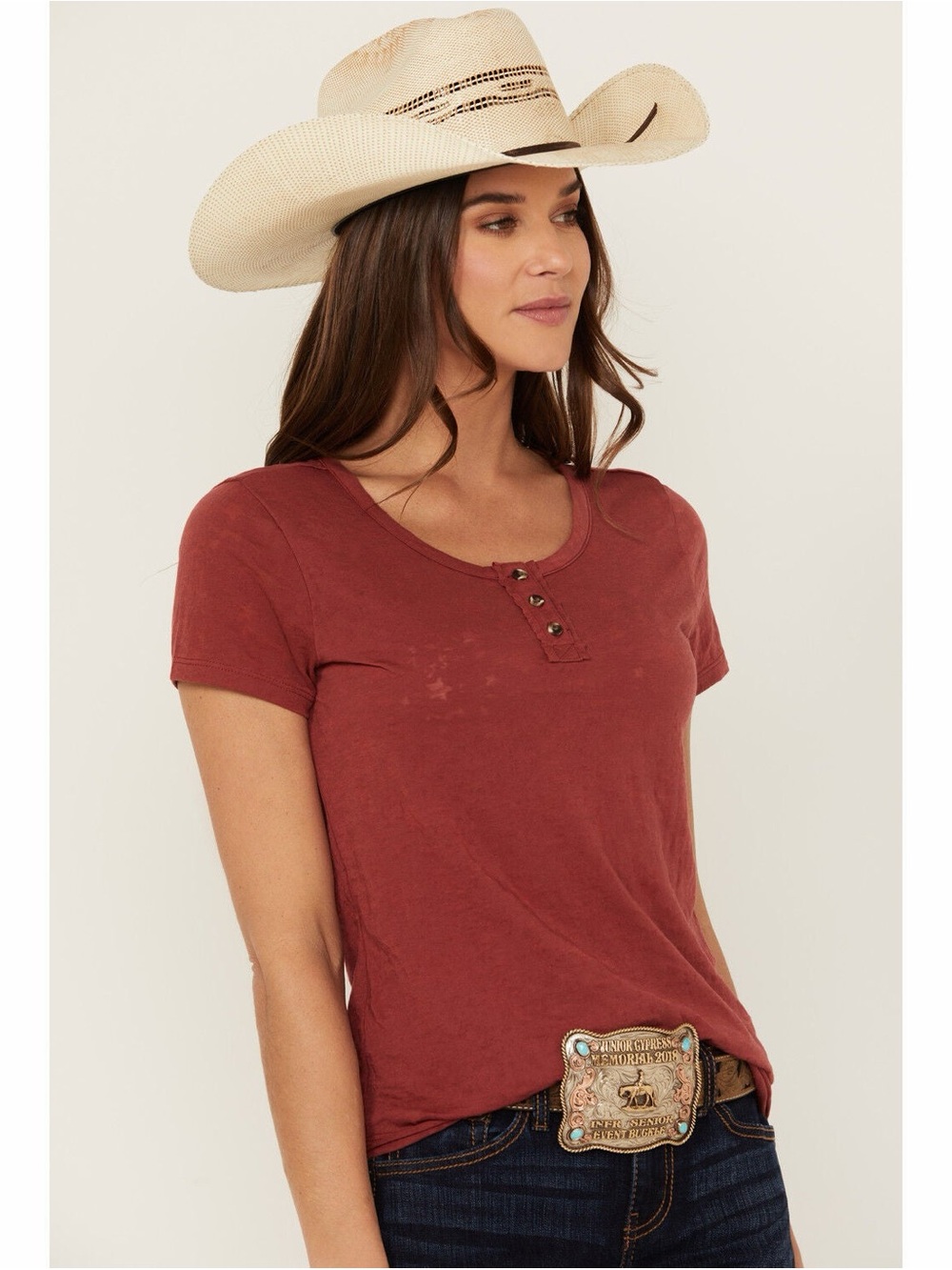 Shyanne - Women’s Lovell Star Burnout Henley Tee - Medium